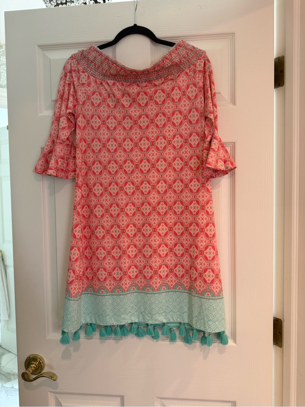 Cabana Life Pink and Aqua Tassel Hem Off-Shoulder Mini Dress